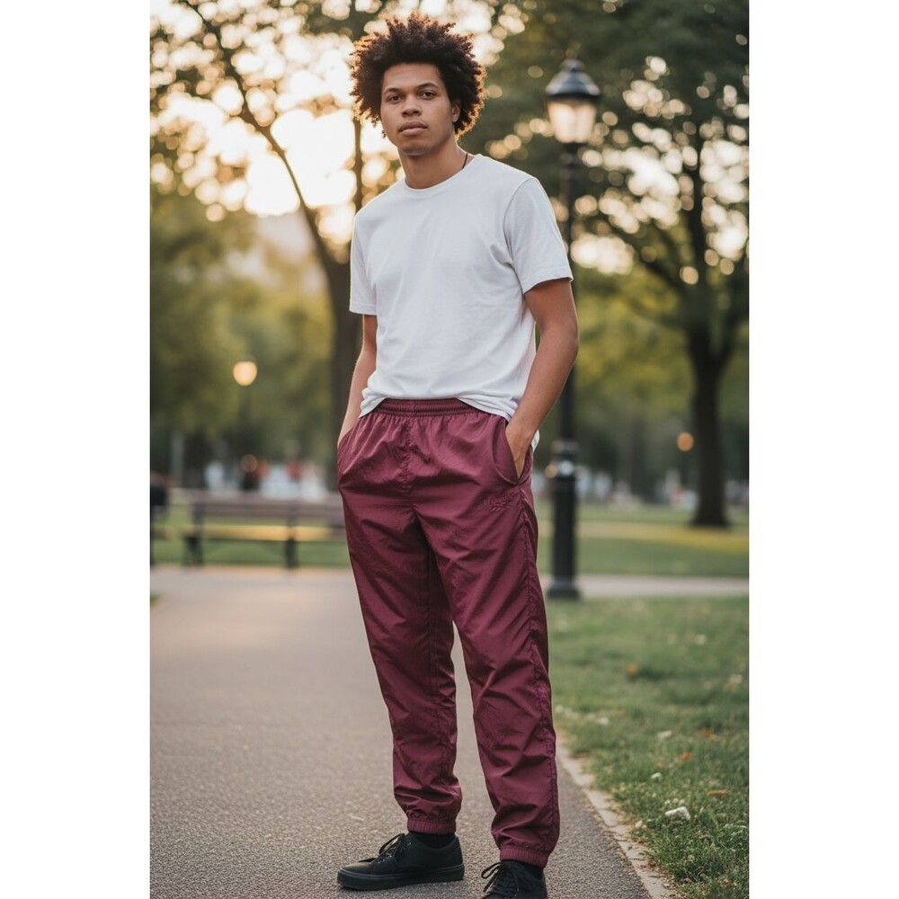 Reebok 90s Rare Vintage Nylon Glanz Soccer Pants Maroon Shiny Silk Medium